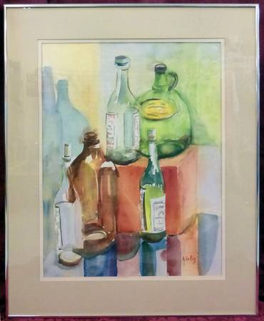 Water color of bottles, signed by the artist, M. La Ray