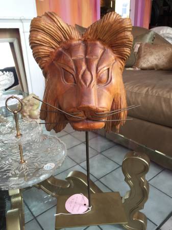 Wood Carved Feline Lion Cat Head Statue Decor