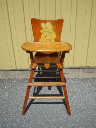 wooden highchair with bunny