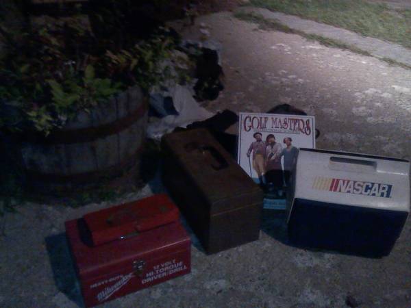 YARD SALE.Monday 97.FISHING POLES,TOOLS,RECORDS,SPORT CARDS,BOTTLES (WEARE)