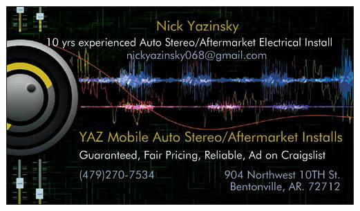 )(YazMobile StereoAftermarket Auto Elec.Acc. Installer 10 YRS EXP)( ((((BentonvilleRogersSurrounding ))))